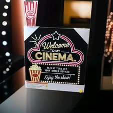 Home Cinema Neon Pink Light-Up Sign Theatre Popcorn Holder Included Movie Theme