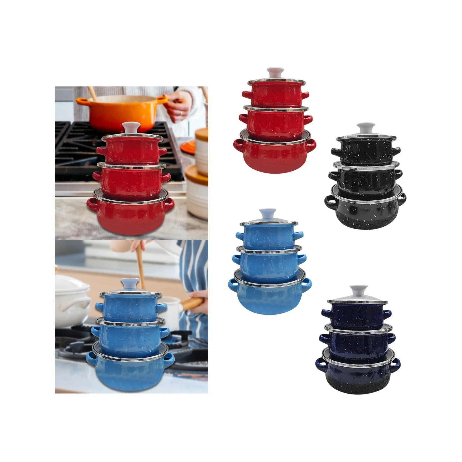 3x Enamel Pot Set Stockpot Reusable Double Handle Uncoated Cooking Simmering Pot