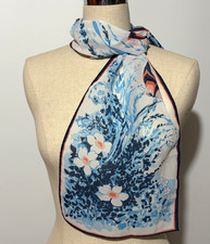 Blue Foliage Leaves White Peach Flowers Butterflies Sheer Oblong Scarf