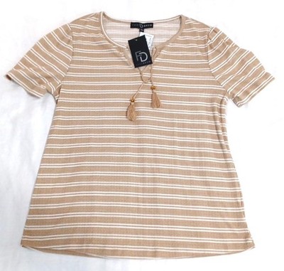 Fred David Women s Top Sz L Beige Stripe Knit Stretch Tassels Short Sleeves NWT