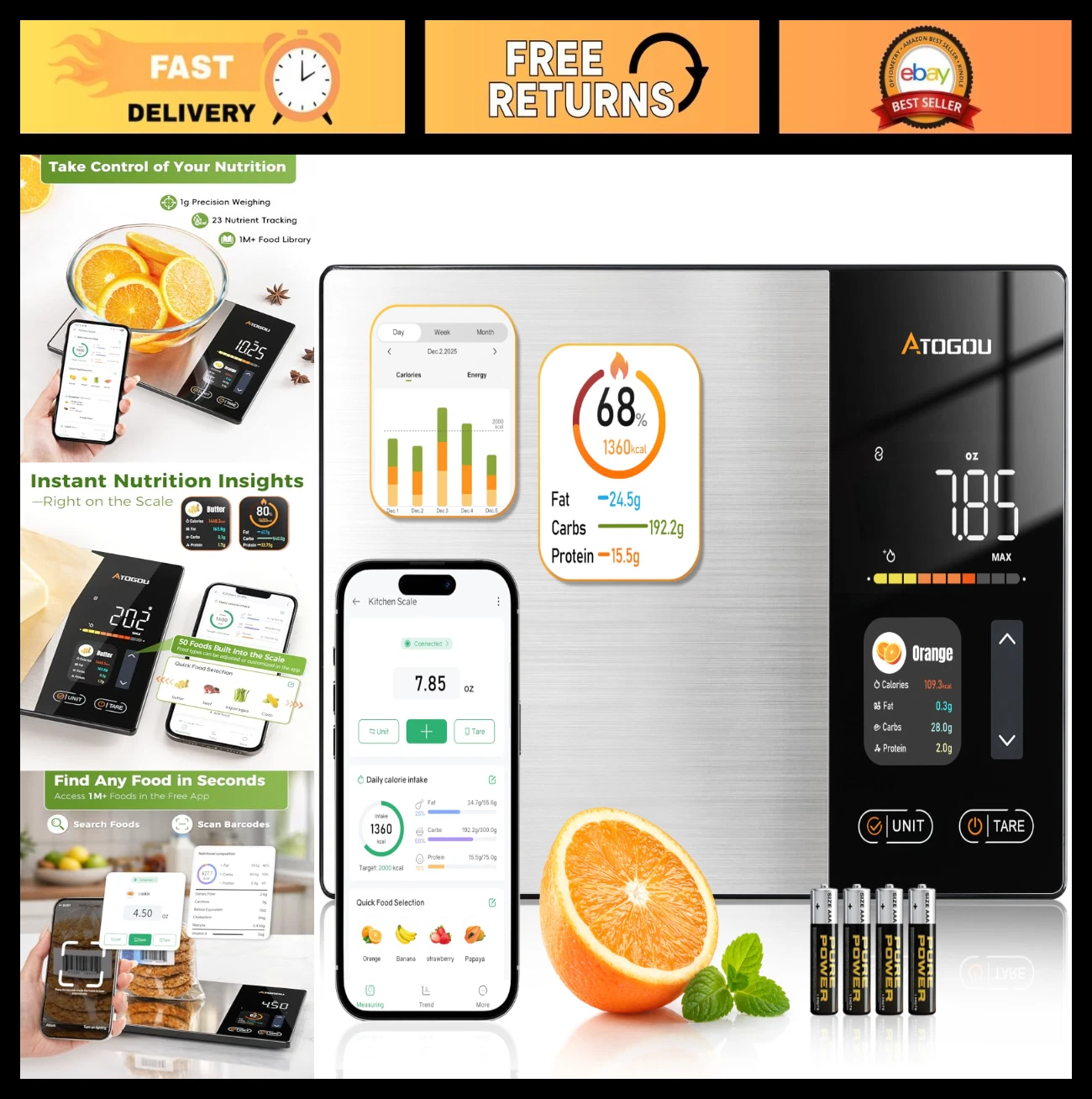 Smart Food Kitchen Scale with Nutrition Calculator, Color Display, App, Portion