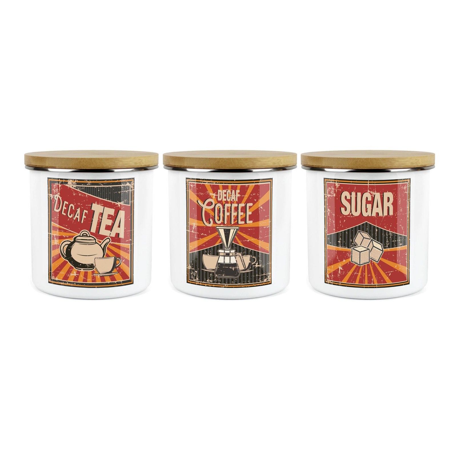 Retro Decaf Tea, Decaf Coffee & Sugar Canister Set - Enamel Kitchen Storage Gift