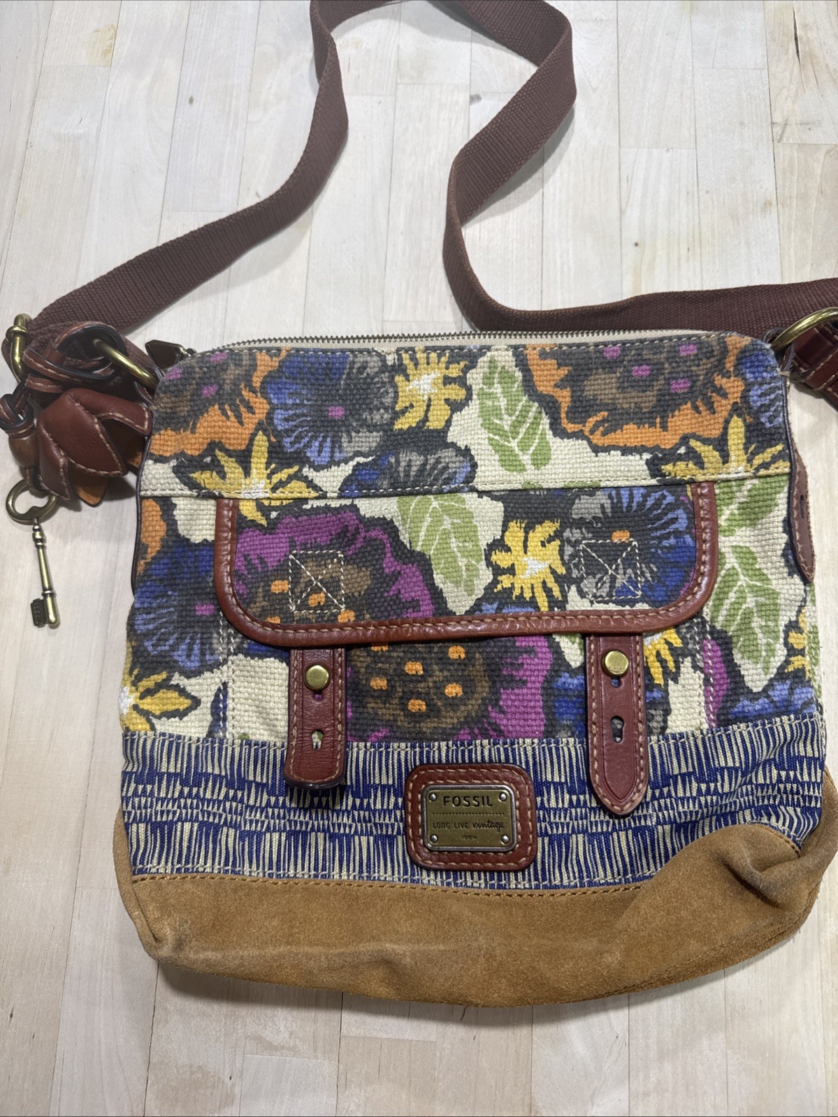 Fossil Long Live Vtg 1954 Canvas Shoulder Bag Purse Floral Leather