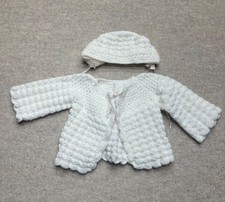 Vintage Handmade White Newborn Knit Cardigan Hat Infant Sweater Bonnet Cap Set