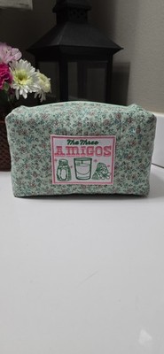 Three Amigos Green And Pink Flower Quilted Cosmetic Makeup Travel Bag 8''x4''x5''
