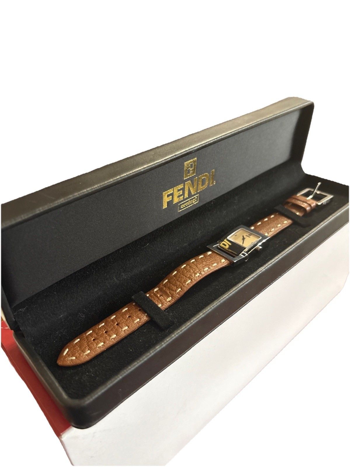 Fendi rectangular silver-tone watch with a tan le… - image 1
