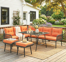 Rattan Garden Dining Set Wicker 8 Seater Patio Corner L Sofa Chairs Stools Table