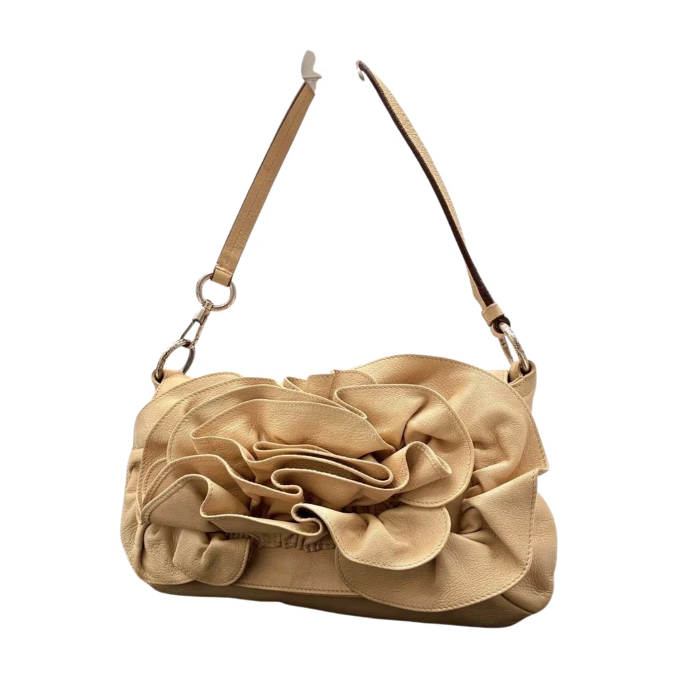 Auth YSL Rive Gauche Nadja Rose Ruffle Leather Shoulder Bag 112930 Vintage - Image 3 of 4