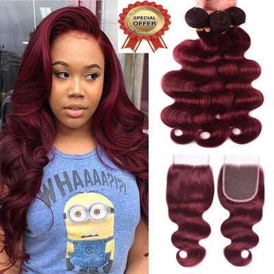 Dark Red 99j Body Wave 3 Bundles With Lace Closure Indian Human