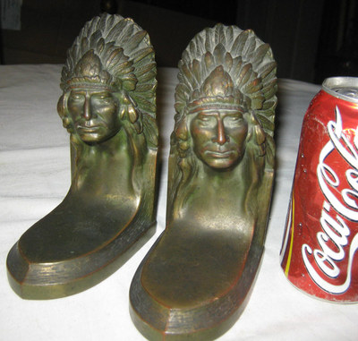 ANTIQUE JENNINGS BROTHERS J.B. BRONZE INDIAN BUST ART STATUE SCULPTURE BOOKENDS