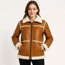 Women Genuine Sheepskin Aviator Jacket Brown Leather Flying Coat Fux Shearling