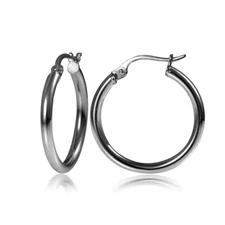 Black Flashed Sterling Silver 2mm High Polished Round Hoop Earrings, 30mm