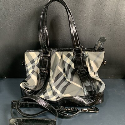 Burberry Black/Gray Check Nylon Patent Leather Lowry Tote, W