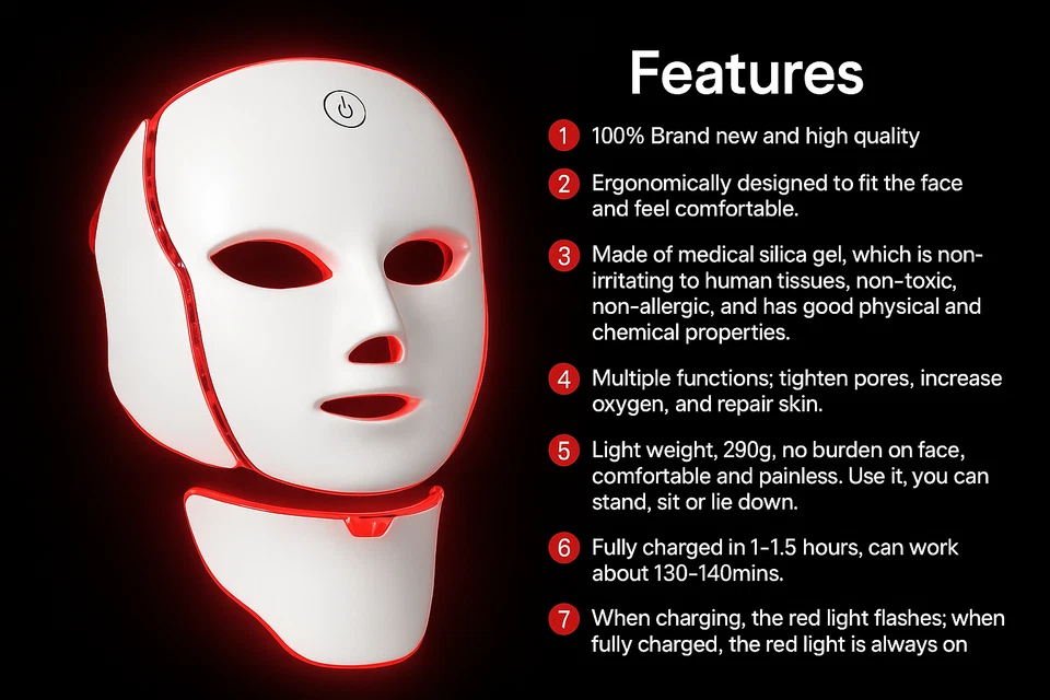 7 Colors Photon Facial LED Mask Red Light Therapy Anti Aging Face Neck Beauty - Image 4 of 4