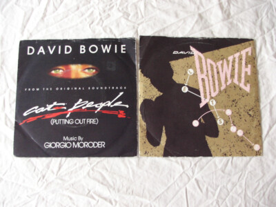 BOWIE 2x ORIGINAL UK 1980s 1st PRESS CAT PEOPLE (PUTTING OUT FIRE) & LET'S DANCE
