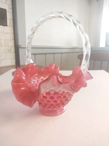 Fenton  Cranberry Opalescent Hobnail Basket W/Handle  Ruffled Rim signe
