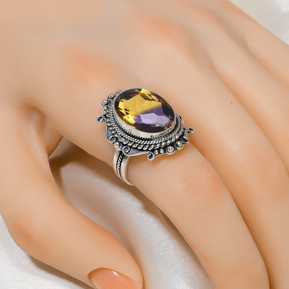 Anillo ajustable de plata de ley 925 maciza con piedras preciosas de ametrino joyería de novia V6503 Foto 2 de 4