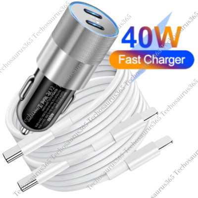 Dual Type C PD Fast 40W Car Charger Adapter Cable For iPhone 14 13 12 11 XR XS 8