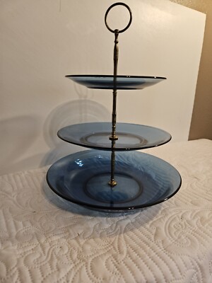 Vintage 1960s-70s cobalt blue glass tier cake stand