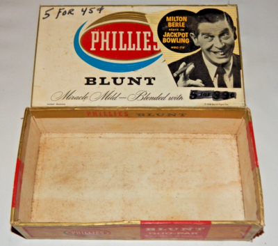 1958 PHILLIES BLUNT CIGAR BOX Advertising Milton Berle Jackpot