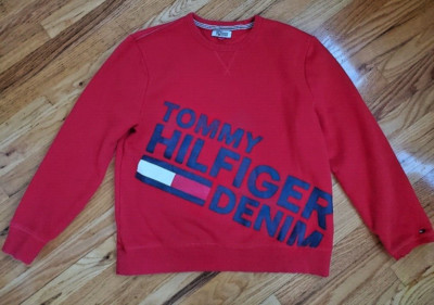 Tommy Hilfiger Denim Sweatshirt Large Logo Crewneck Men's Size Large Red (Flaws)