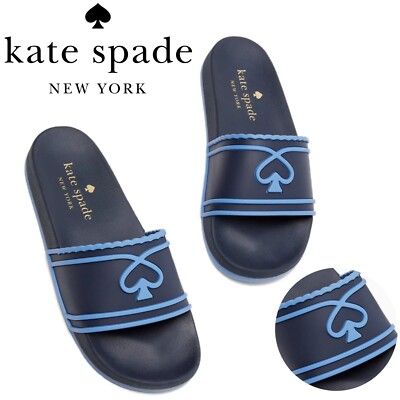 KATE SPADE NY Navy Baby Blue Logo Rubber Pool Slip On Slides