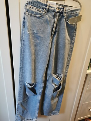 38 H&M Jeans loose straight high waist destroyed Hose blau Denim ungetragen Neu 