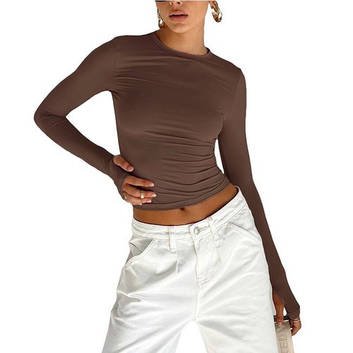 Spring T-Shirt Long Sleeve Crew Neck Slim Fit Ladies Crop Top with Thumb Holes - Picture 11 of 32