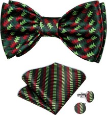 Mens Christmas Bow Tie Silk Festival Self Bowtie and Pocket Red and Green