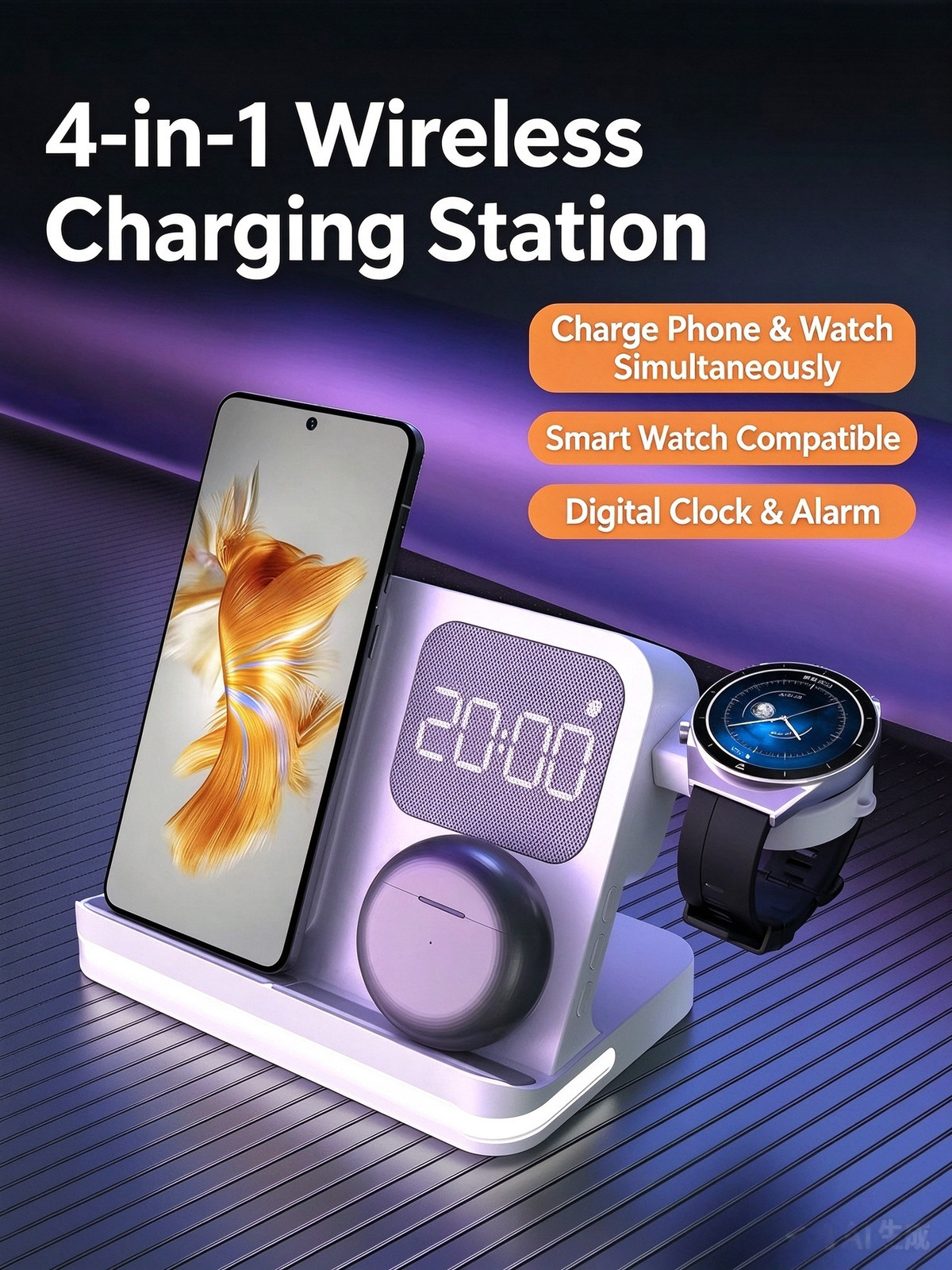 Digital Alarm Clock Wireless Charging Station 4in1 for Smartphone Watch Earbuds
