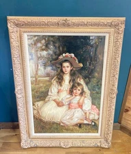 Large Framed Oil Painting – Sisters in Garden Scene