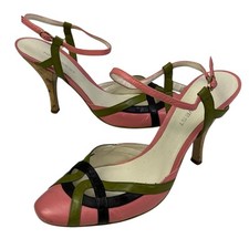 Nine West "Galar" Leather Strappy Heels Size 7M Sandals Cork Heel Buckle