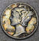 1943 Mercury Dime Fine : Rainbow Tone, Fine Condition - .9 Fine Silver Coin