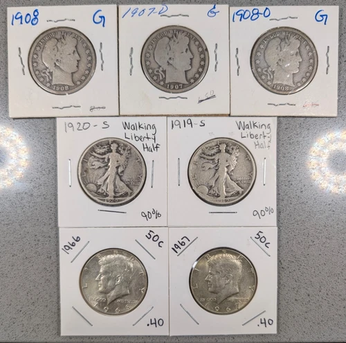 Lot 7 US Silver Half Dollars Barber P D O Walking Liberty S Kennedy 90% 40%