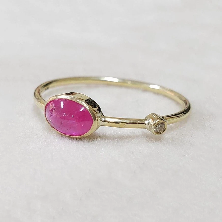 Oval Cabochon Ruby & Diamond Distance Ring In 14k Solid Gold, Stackable Band Her
