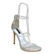 Nine West Iridescent Silver Clear Leah Leather Strap Sandal High Heel Sz 10M NEW