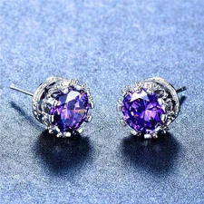 2ct Natural Purple Amethyst Crown for Women Stud Earrings 14k Solid White Gold