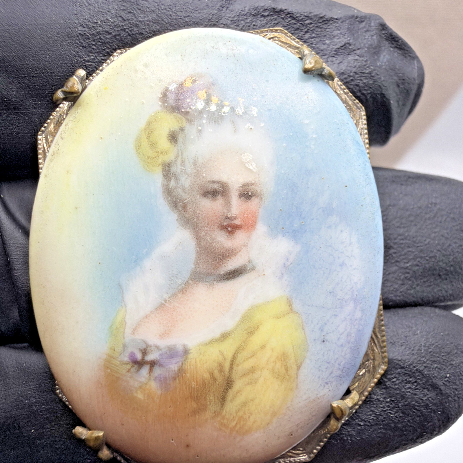 Antique Victorian Porcelain Brooch Hand Painted Woman Brass Framed
