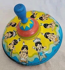 Vintage Ohio Art 10 Little Indians Tin Litho Metal Toy Spinning Top Works