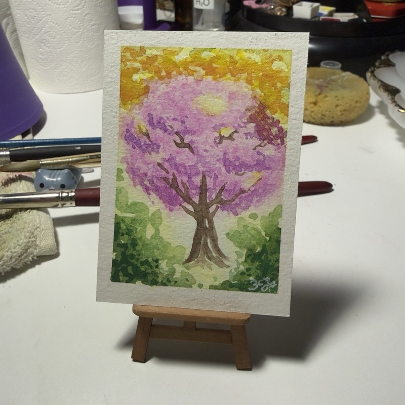 ACEO Cherry Blossom Tree Hand Painted Watercolor Art Card. Not A Print!
