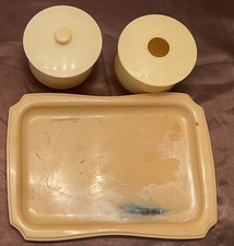 Vintage Colonial Quality Celluloid Vanity Set Powder Box, Hair Receiver Tray