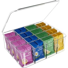Tea Bag Holder Organizer with Lid Large Acrylic Caddy for 16 Drink Types