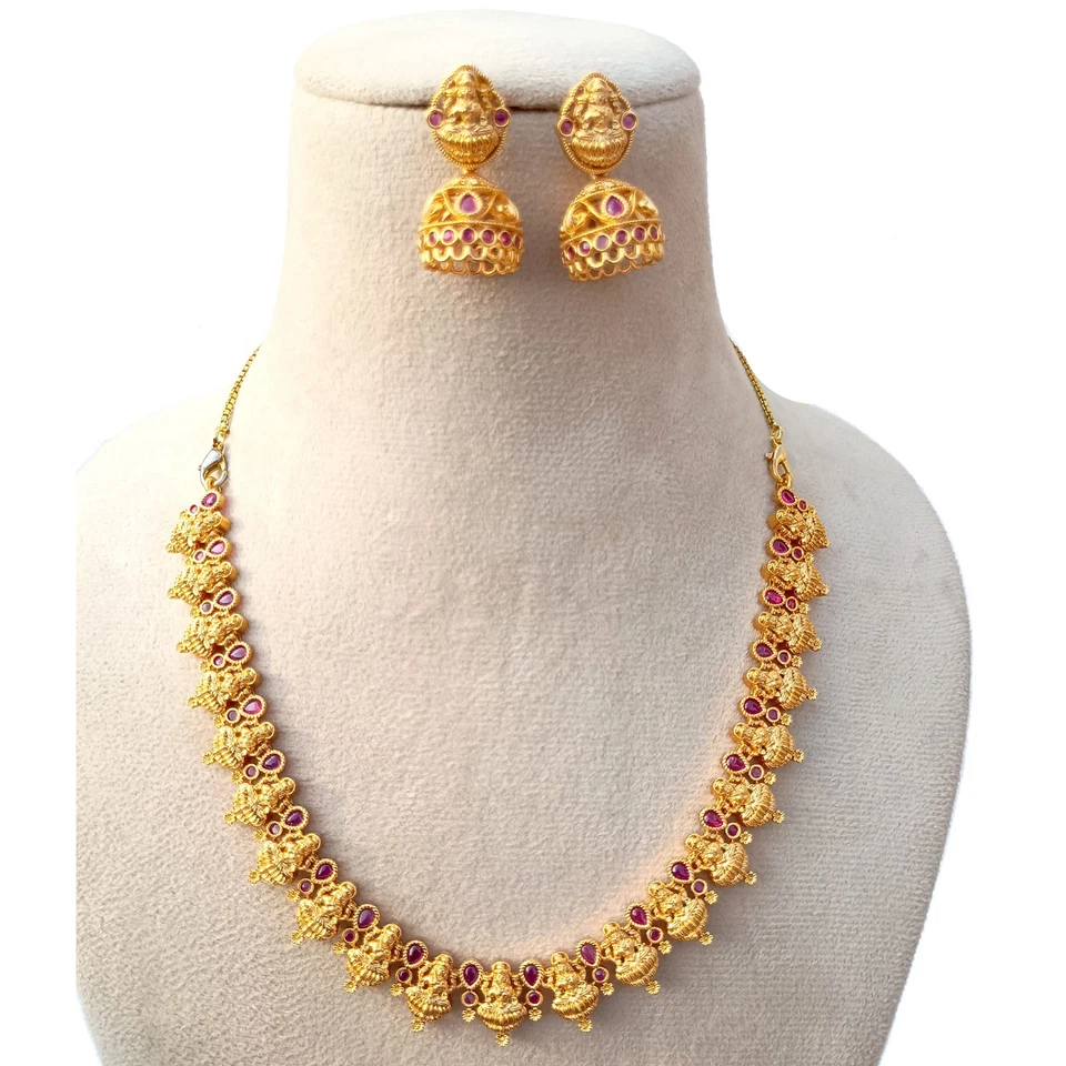 Conjunto de joyas de templo del sur de la India collar de rubí de la diosa Lakshmi enchapado en oro de 22 k Foto 2 de 4