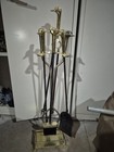 Vintage Brass & Wrought Iron Duck Head Fireplace Utensils/Tool Set w/ Stand
