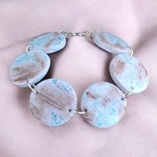 Handcrafted Silver Polymer Clay And Resin Round Blue And Brown Bracelet