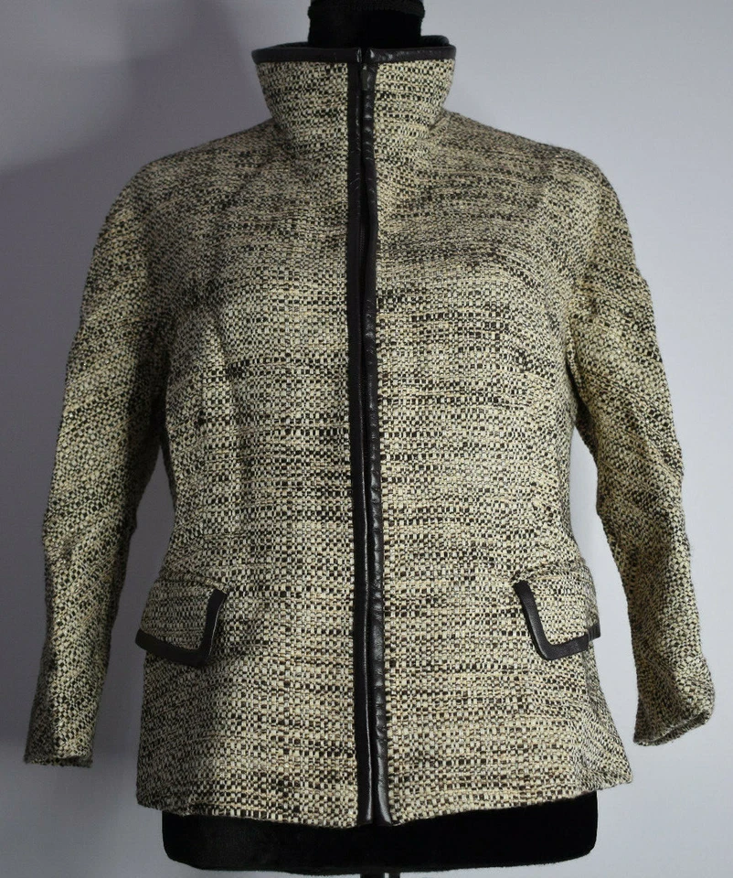 Lafayette 148 NY Sz 10 Petite Full Zip Blazer Beige Brown Knit Lined Trim Jacket - Image 2 of 4