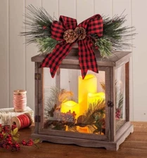 Plow & Hearth  Rustic Wooden Holiday Lantern with 3 LED Pillar Candles NEW
