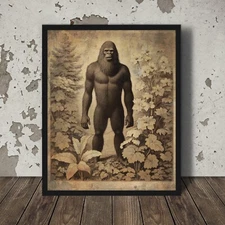 Vintage SASQUATCH Forest BOTANICAL Wall Art, Bigfoot Flower Cryptid Tree Decor