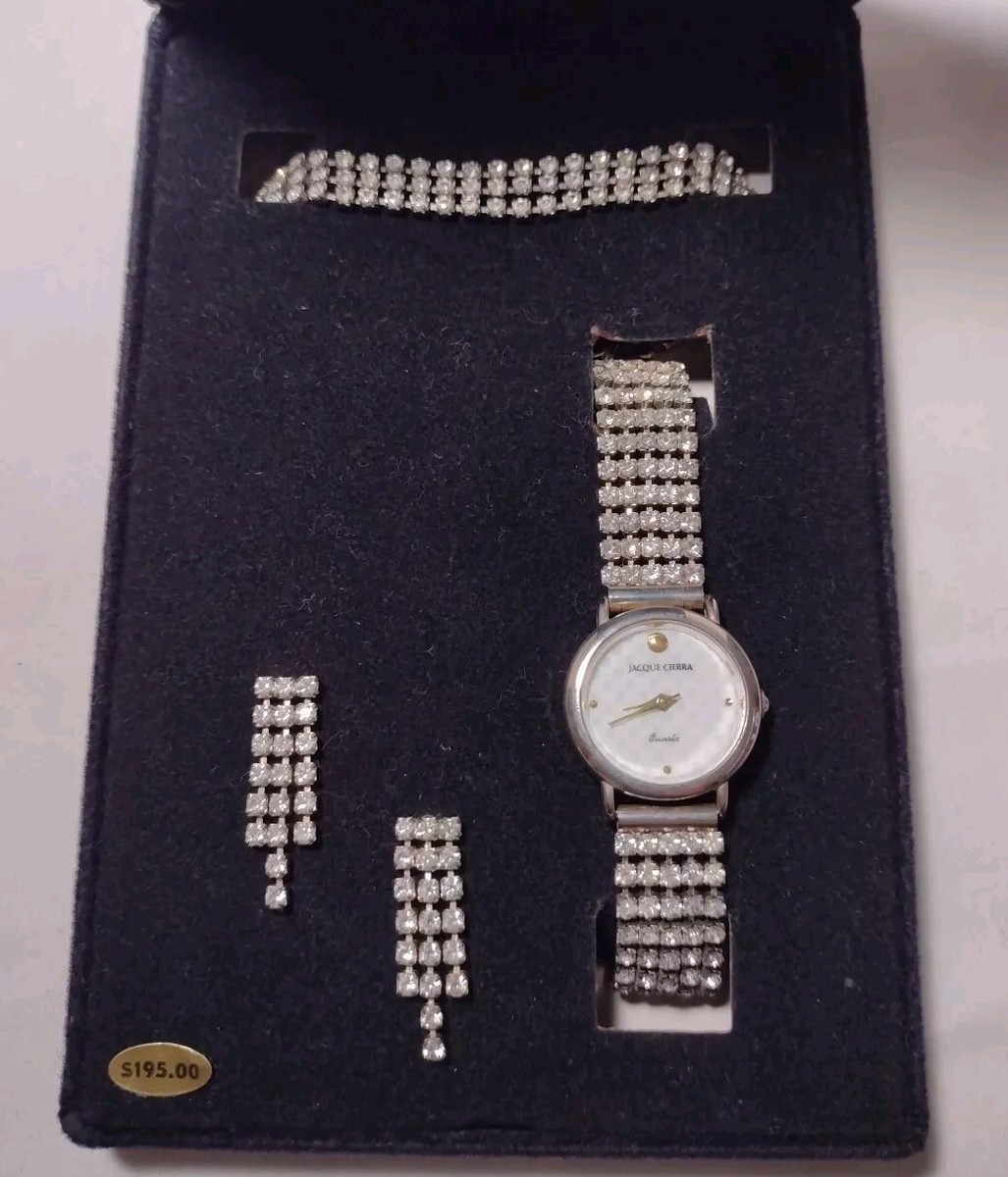 Jacque Cierra Quartz Watch Set Rhinestone Bracelet Earrings 