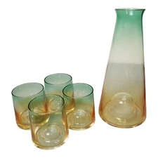 5pcs Glass Water Carafe w/ 4 Tea Cups Set Colorful Ombre Designer 